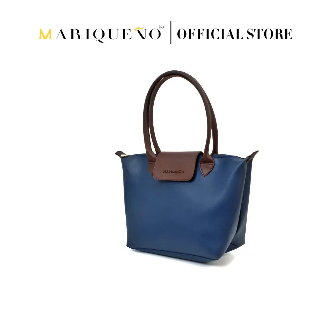 Blue handbag with brown accents on a white background, featuring the Marqueno brand.
#color_blue