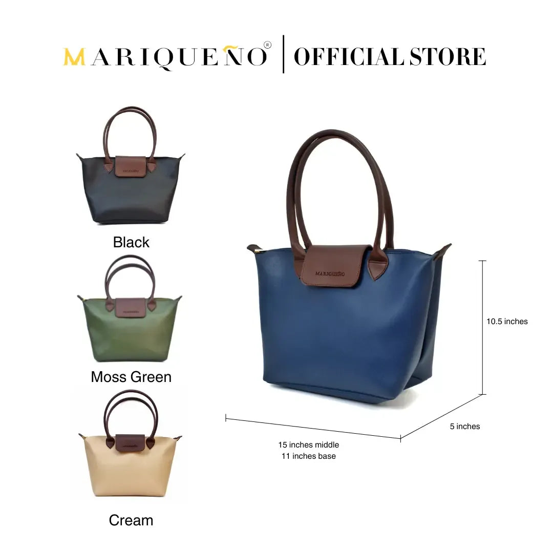 Four handbags in blue, black, green, and cream with brown handles and accents, displayed with dimensions on a white background. Brand 'Mariqueno' is visible.
#color_blue