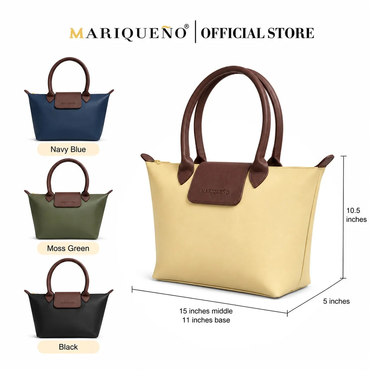 Four handbags in black, blue, cream, and green with dimensions on a white background, branded as Mariqueño.
#color_cream