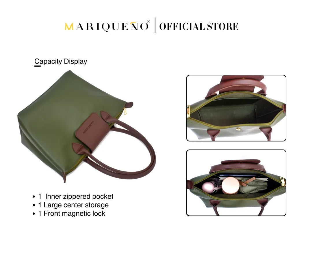 Green handbag with brown handle and accents, featuring capacity display text and images.
#color_green