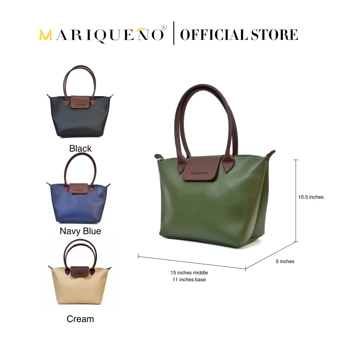 Four handbags in black, blue, green, and cream with dimensions on a white background, branded as Mariqueno.
#color_green