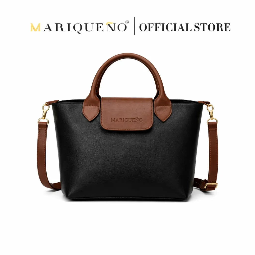 Black handbag with brown handle and MARQUENO branding on a white background
#color_black