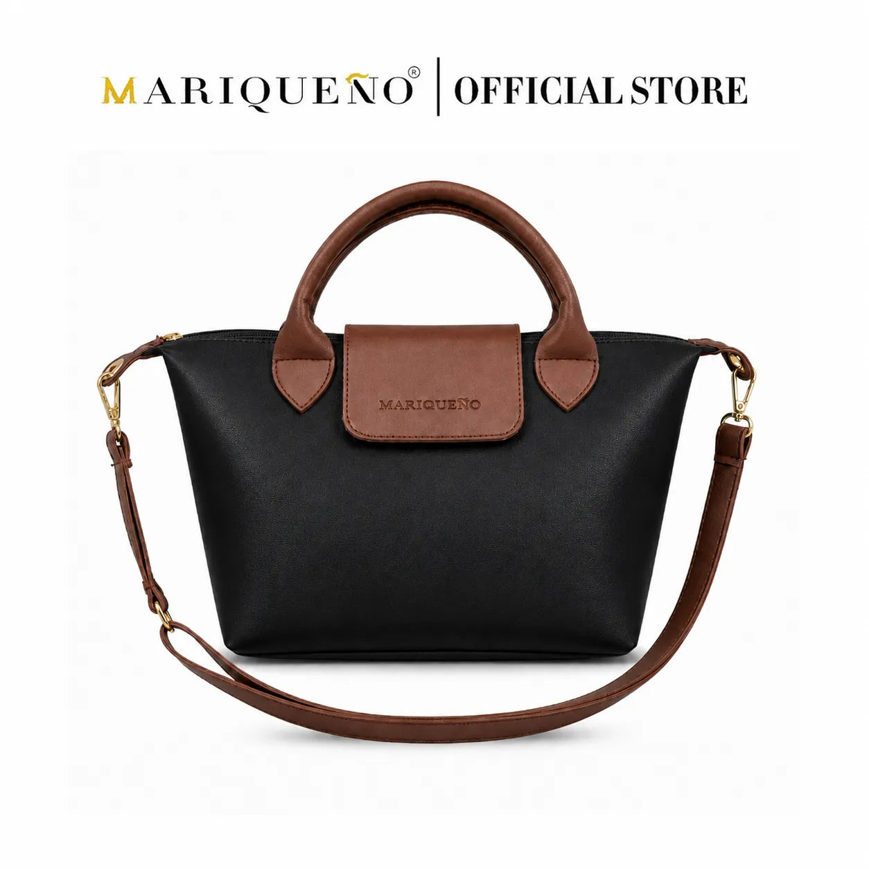 Black handbag with brown handle and MARQUENO branding on a white background
#color_black