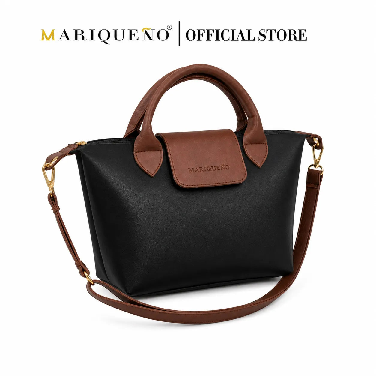Black handbag with brown accents and strap, featuring Mariqueno branding on a white background.
#color_black