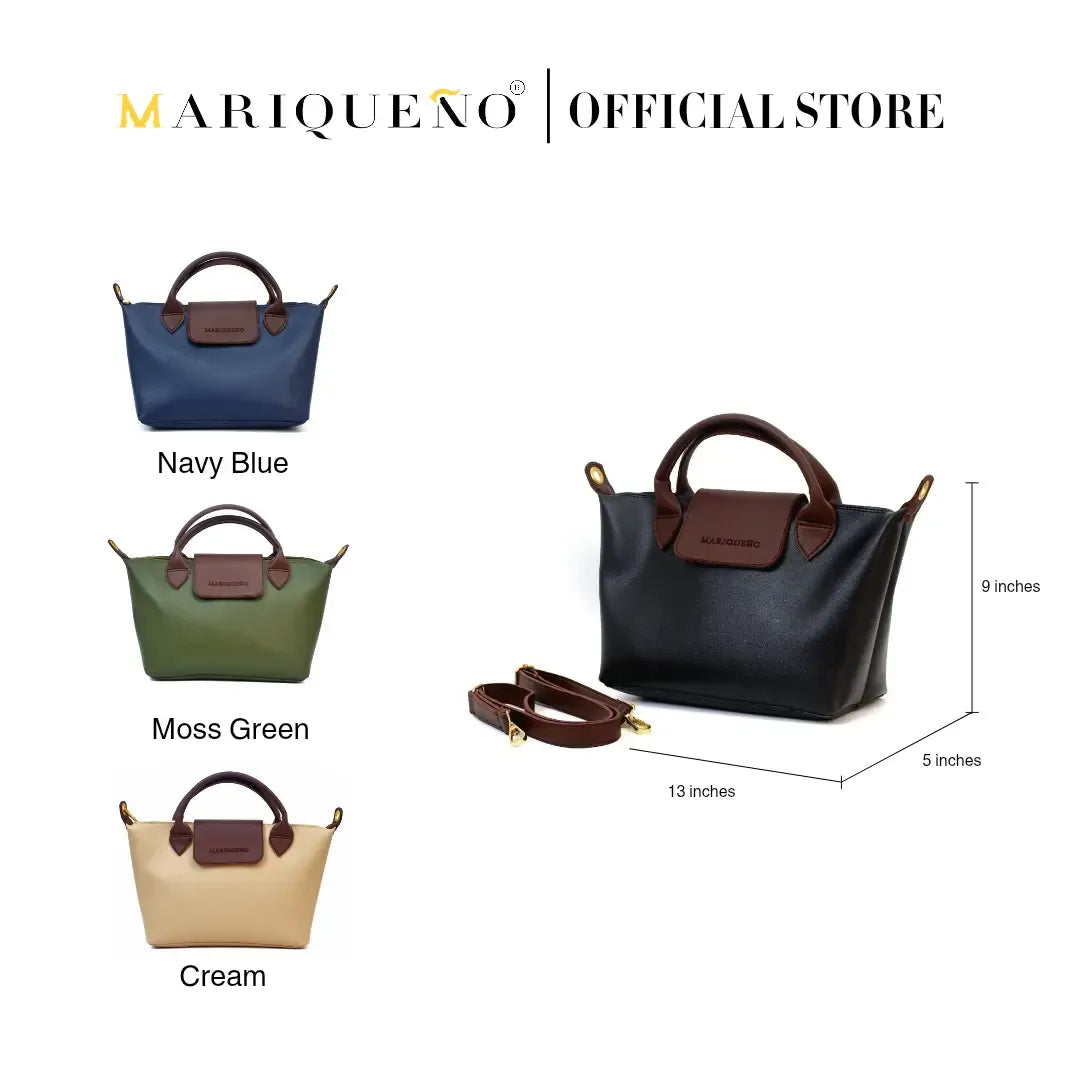 Four handbags in blue, green, black, and cream with brown handles on a white background, featuring Mariqueno branding.
#color_black