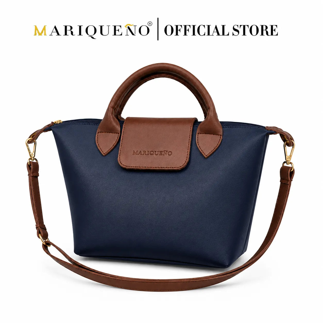 Blue handbag with brown accents and strap, featuring Mariqueno branding on a white background.
#color_blue