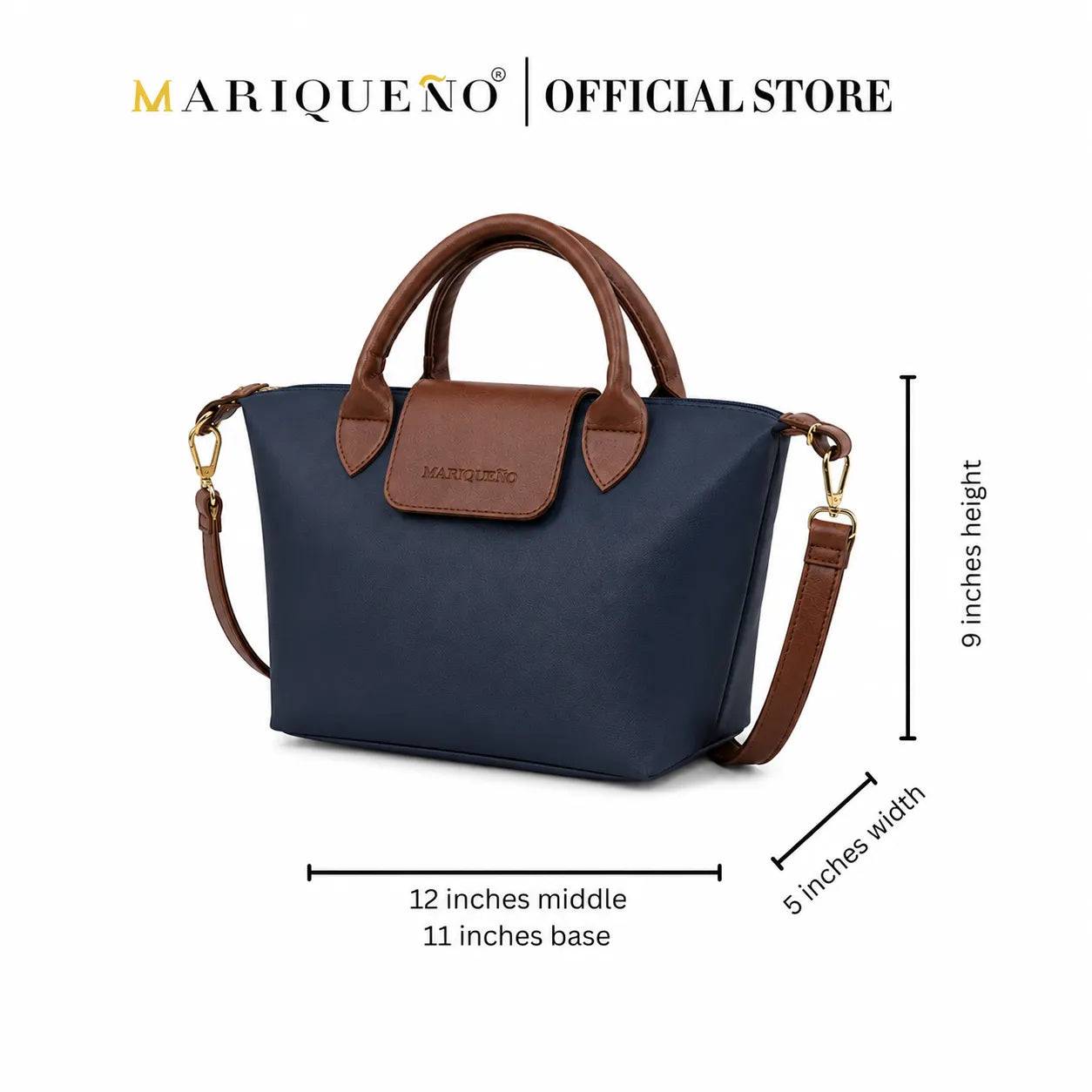 Four handbags in black, moss green, blue, and cream with brown handles on a white background, featuring Mariqueno branding.
#color_blue