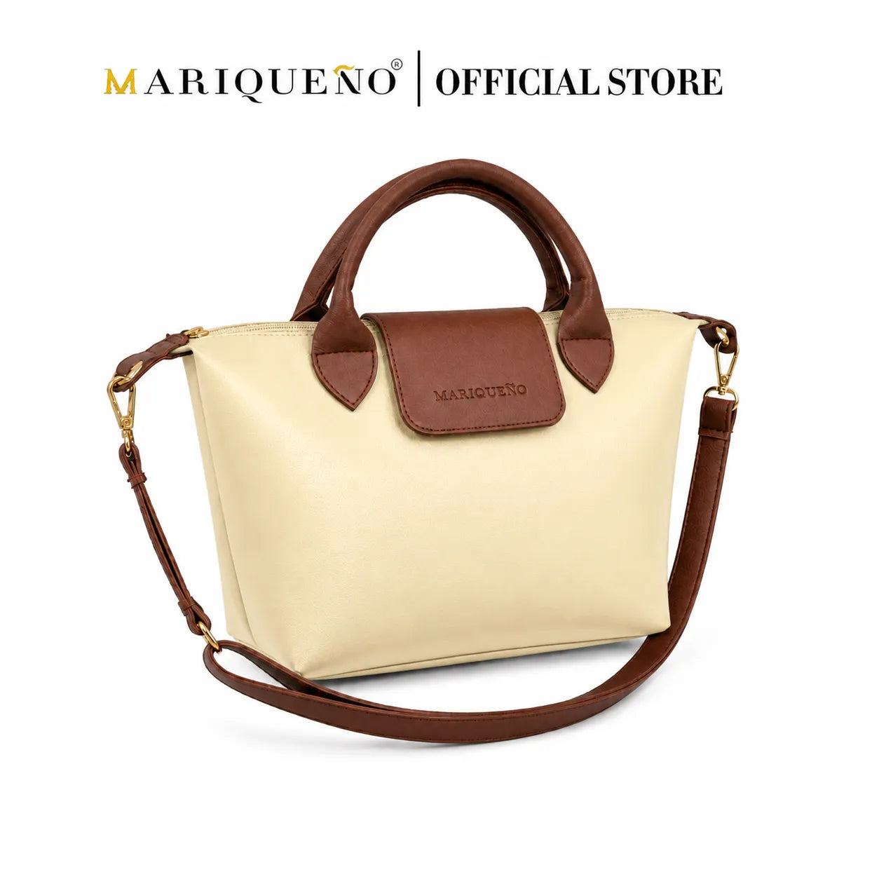 Beige handbag with brown accents and strap, featuring Mariqueno brand on a white background.
#color_cream