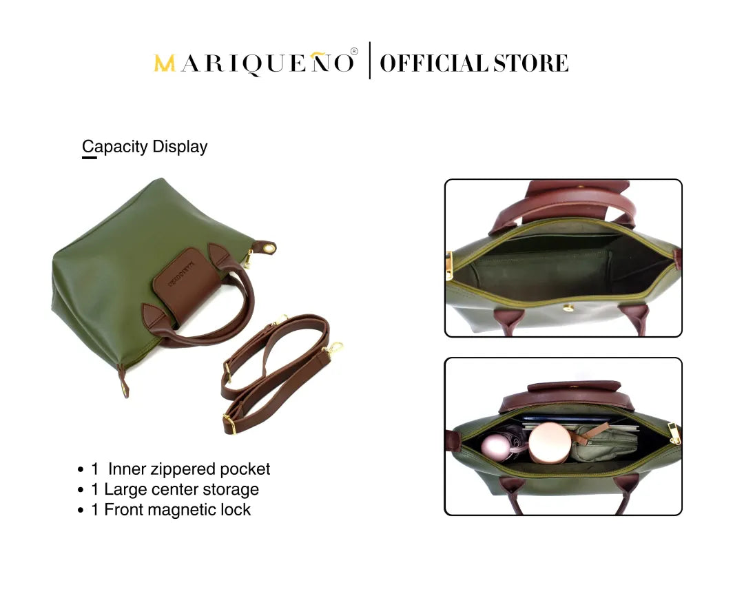Green handbag with brown accents displayed on a white background, featuring text about capacity and features.
#color_green