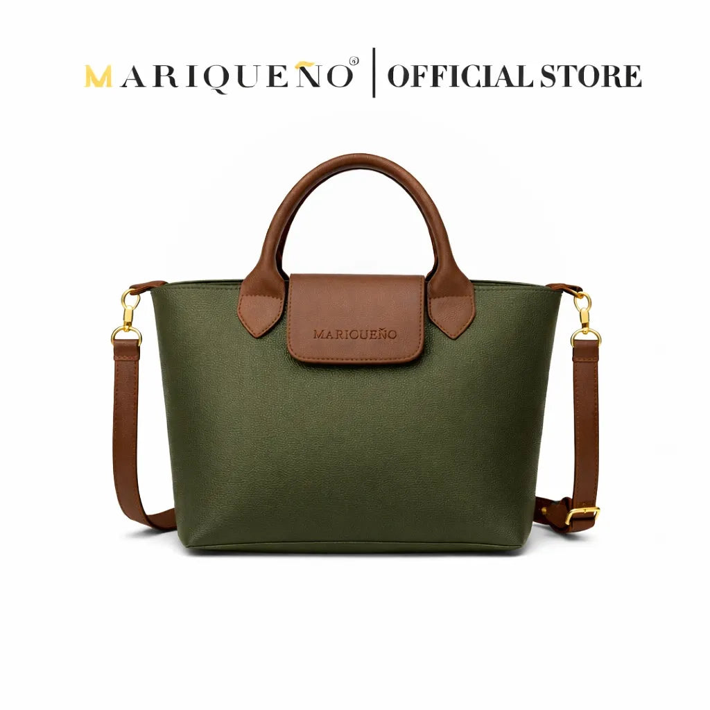 Green handbag with brown handle and 'Mariqueno' branding on a white background
#color_green