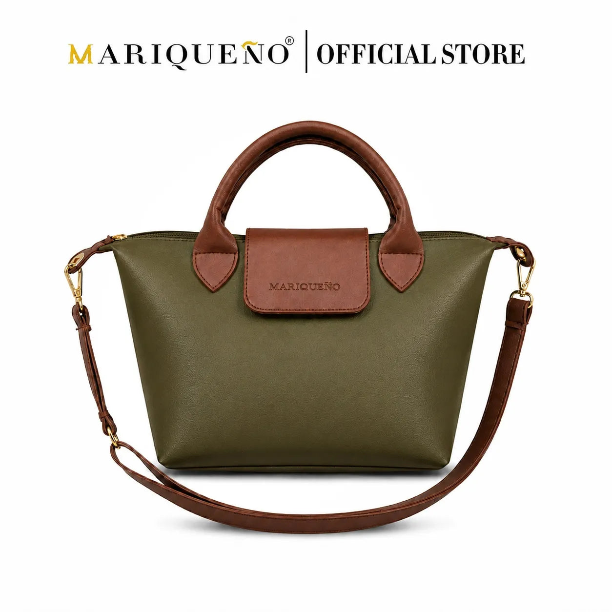 Green handbag with brown handle and 'Mariqueno' branding on a white background
#color_green