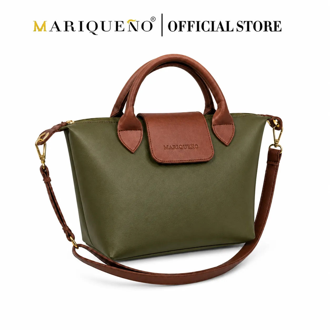 Green handbag with brown accents and strap, featuring Mariqueno branding on a white background.
#color_green