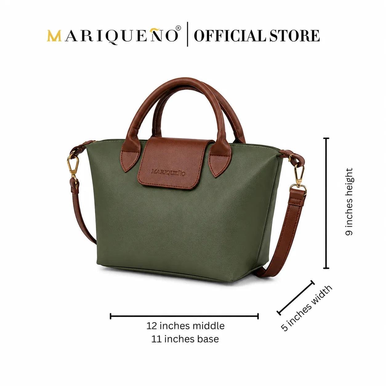 Three handbags in blue, black, green, and cream with brown handles and accents, displayed on a white background.
#color_green