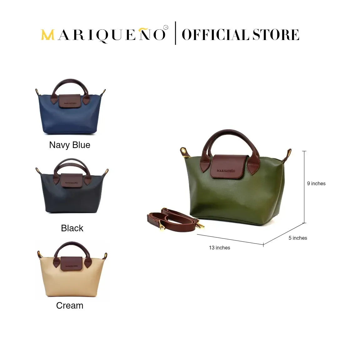 Three handbags in blue, black, green, and cream with brown handles and accents, displayed on a white background.
#color_green