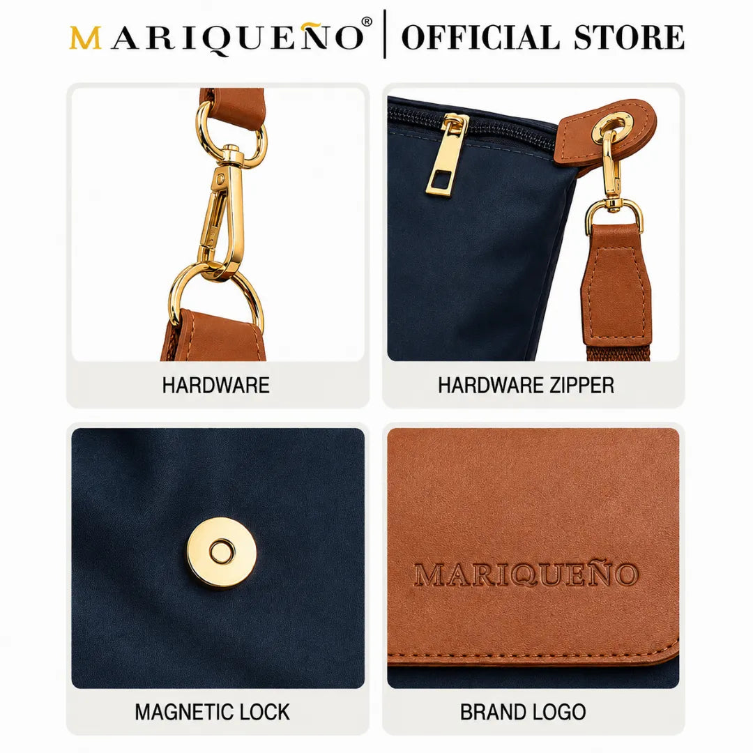 Four-panel product detail graphic for a navy and tan zip pouch. The panels show hardware, zipper hardware, a magnetic snap closure, and an embossed MARIQUEÑO logo on a white background with the header 'MARIQUEÑO | OFFICIAL STORE'.
#color_navy blue
