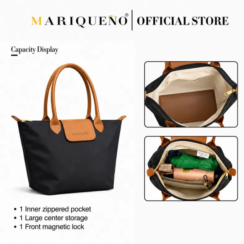 Black handbag with brown handles and accents, featuring capacity display text and images.
#color_black