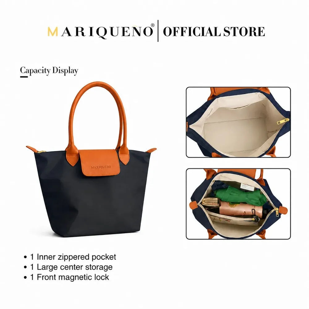 Black handbag with brown handles and accents, featuring capacity display text and images.
#color_black and tan