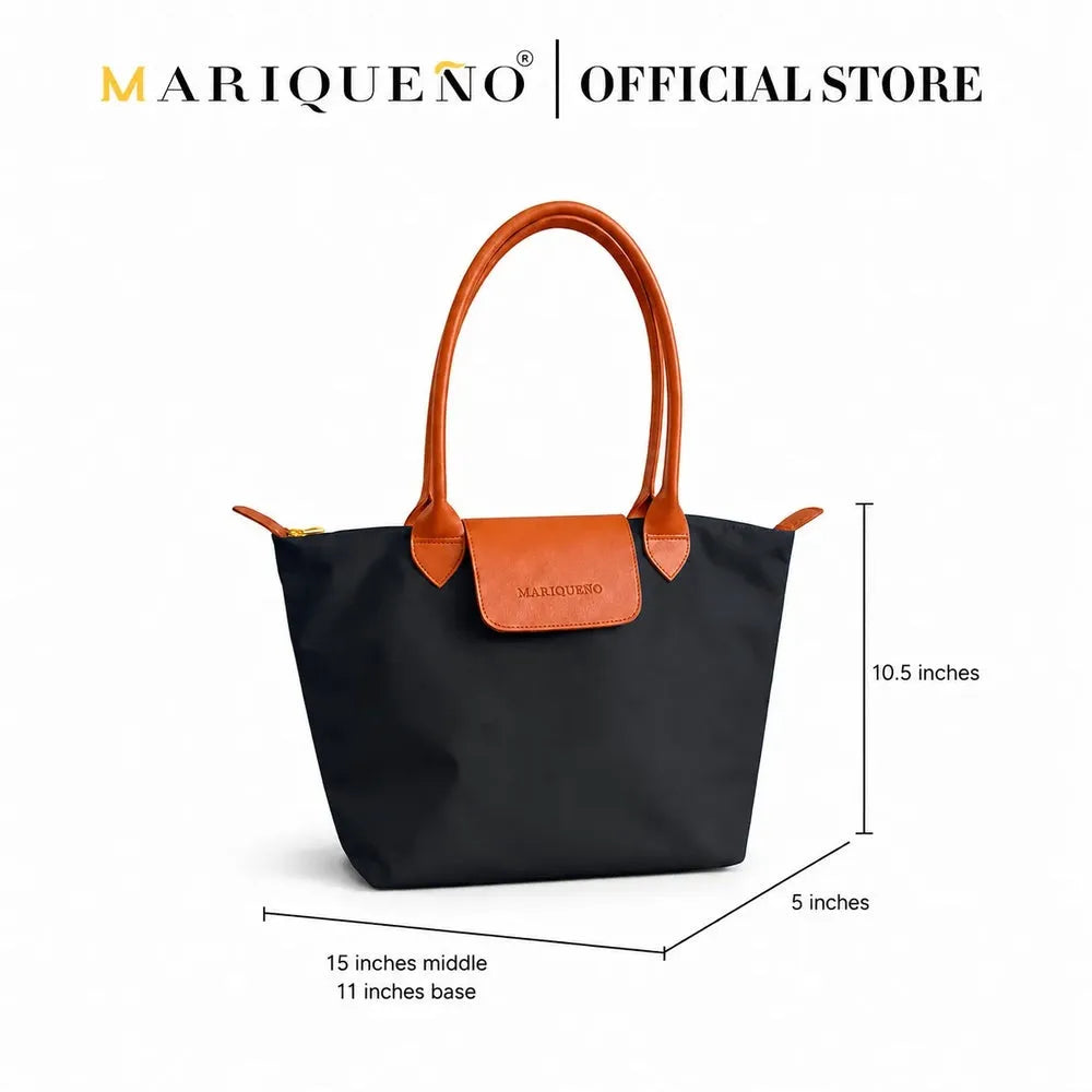 Black handbag with brown handles and a visible brand logo on a white background
#color_black and tan