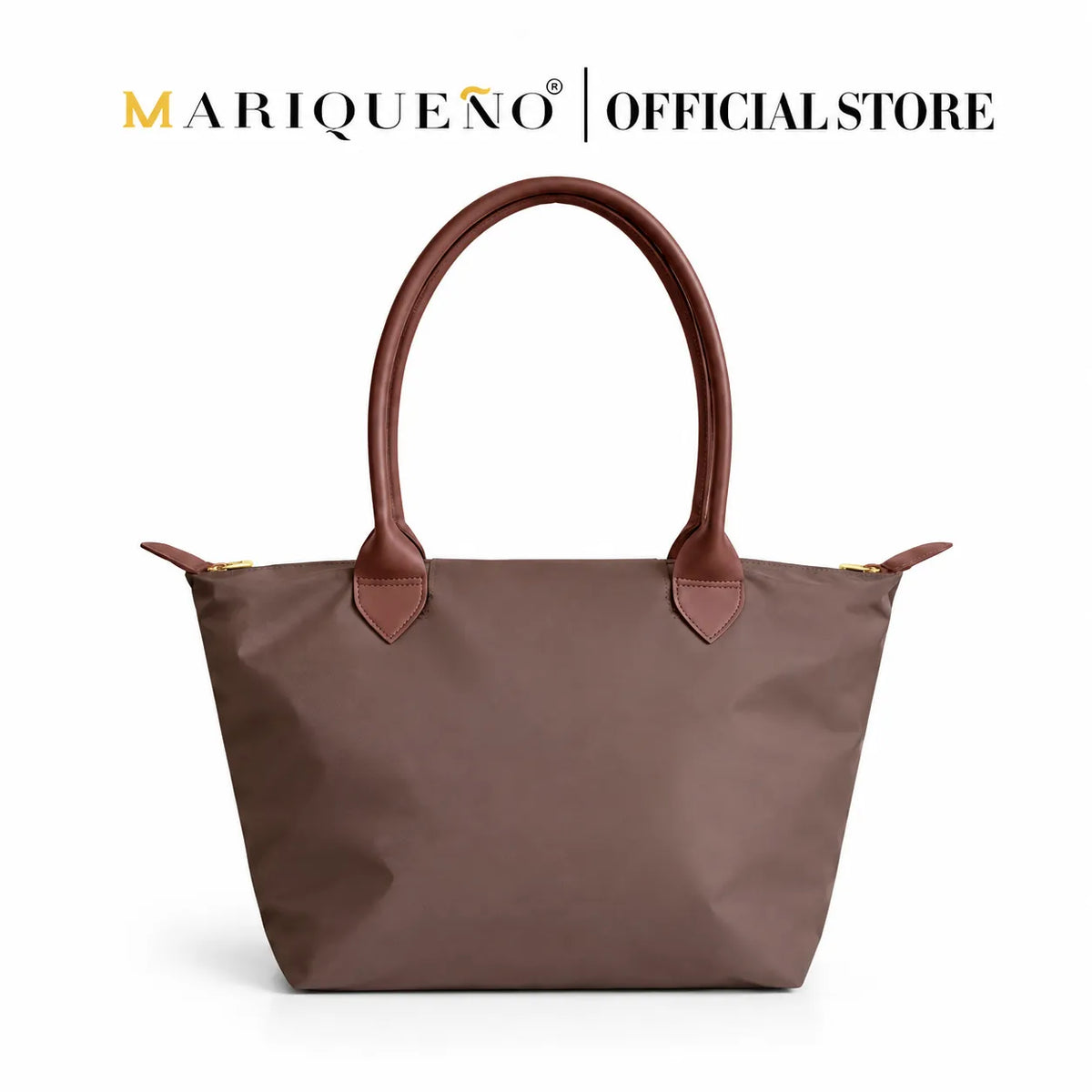 Brown tote bag with leather handles on a white background, featuring the Marqueno logo.
#color_choco brown