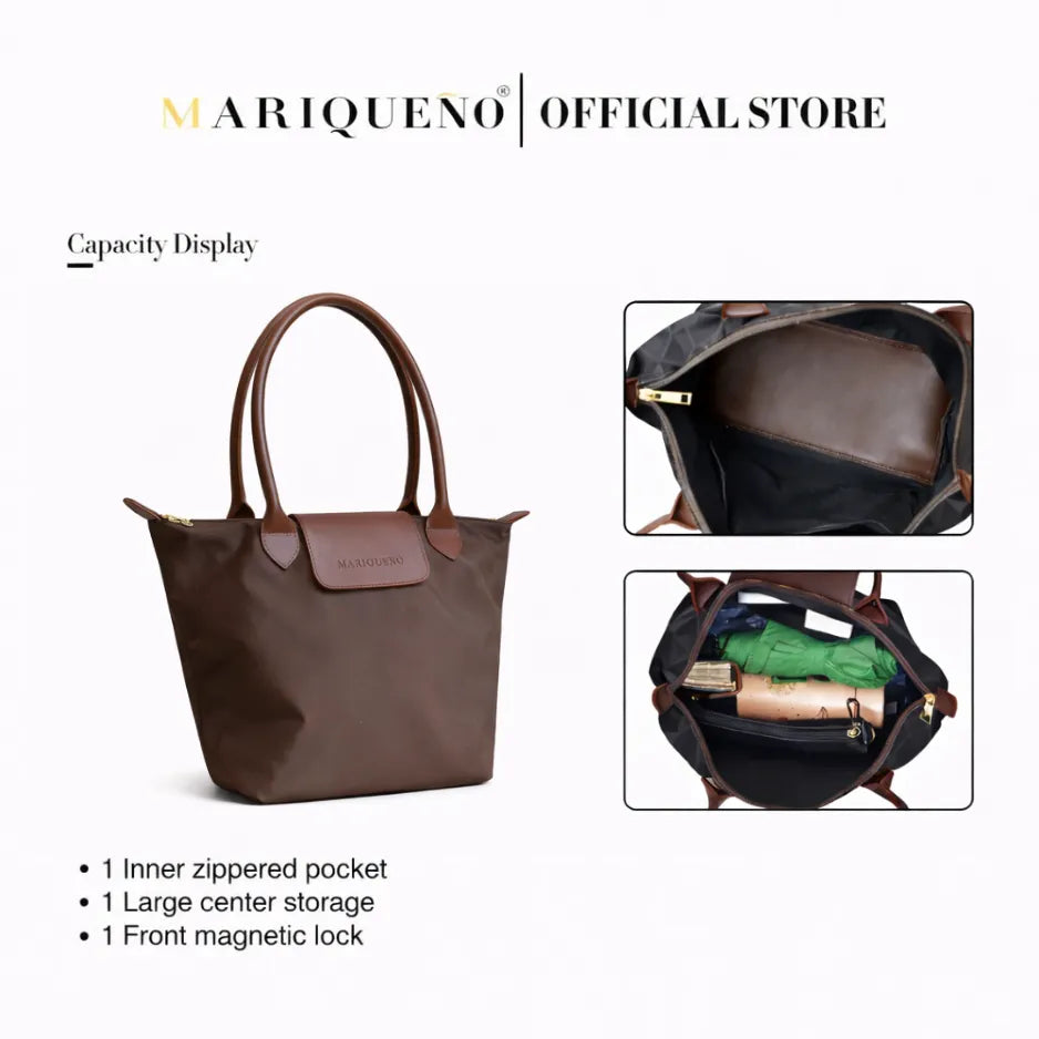 Brown handbag with features highlighted, including an inner zipped pocket and large center storage, on a white background.
#color_choco brown