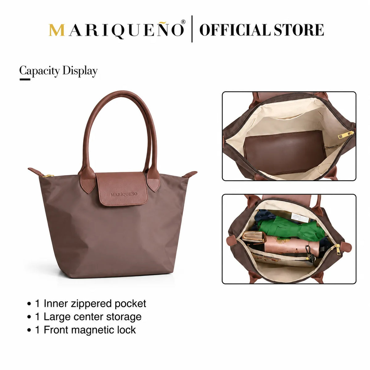 Brown handbag with features highlighted, including an inner zipped pocket and large center storage, on a white background.
#color_choco brown