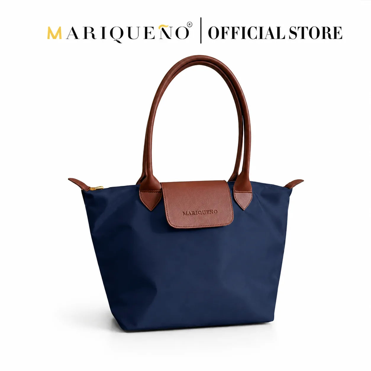 Blue handbag with brown handles and accents on a white background, featuring the Mariqueéno brand.
#color_navy blue