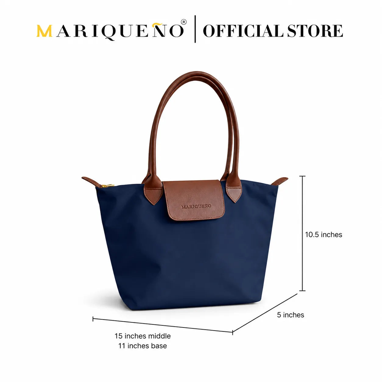 Blue handbag with brown handles and accents, featuring Marqueano branding and dimensions on a white background.
#color_navy blue