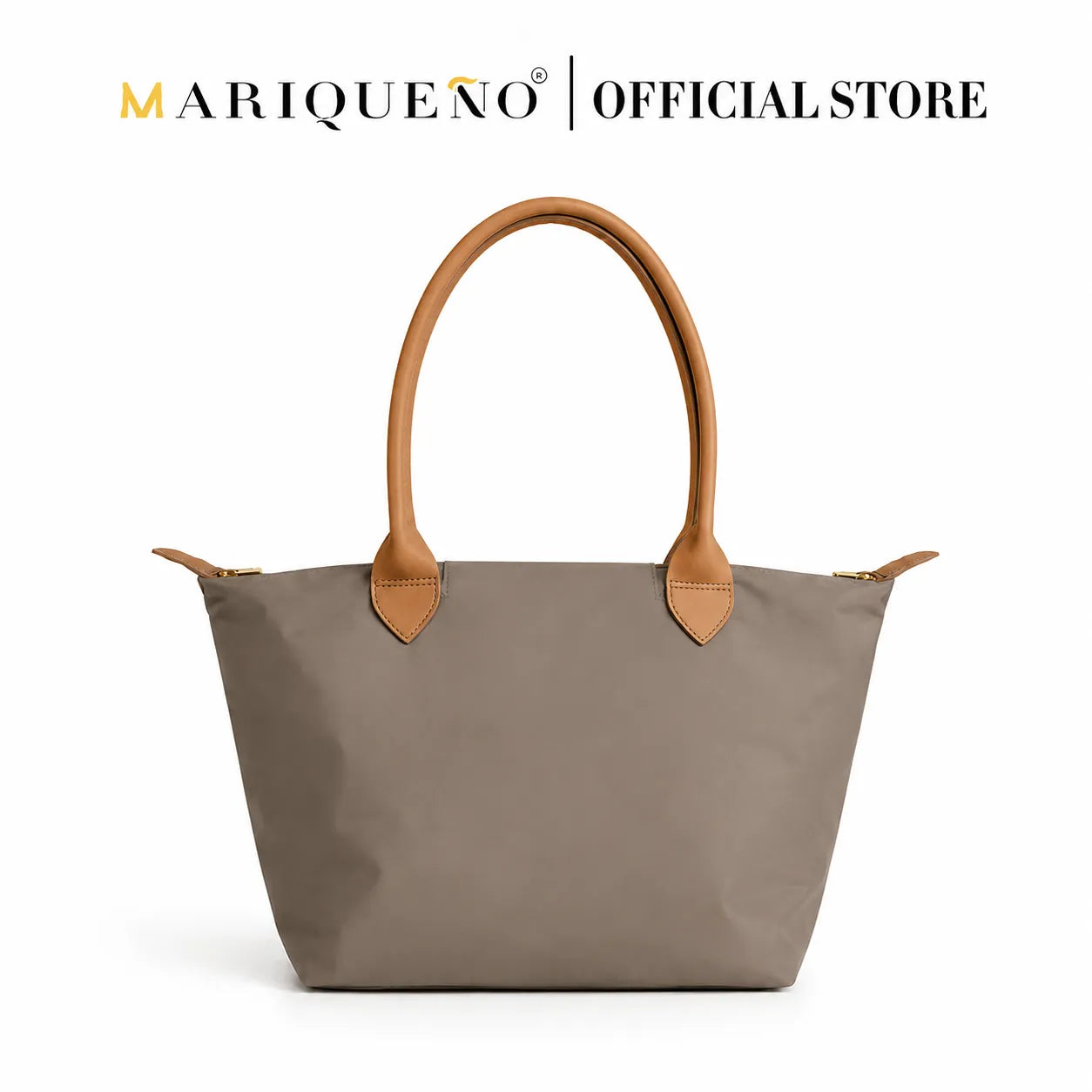 Taupe handbag with brown handles and accents on a white background, featuring the Mariqueno brand.
#color_taupe