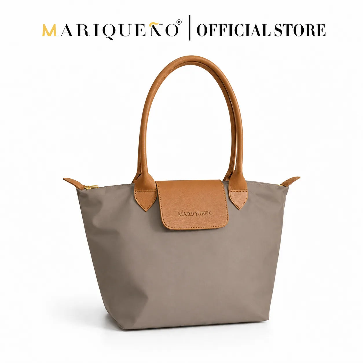 Taupe handbag with brown handles and accents on a white background, featuring the Mariqueno logo.
#color_taupe