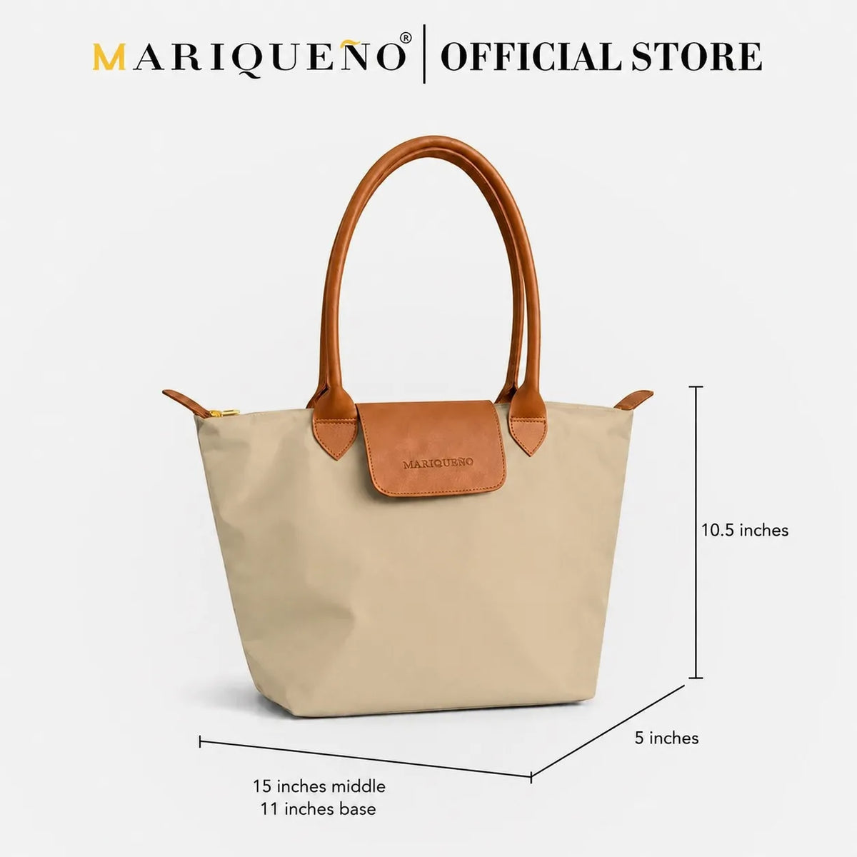 Taupe handbag with brown handles and a patch, displayed with dimensions on a white background, branded as Mariqueno.
#color_taupe