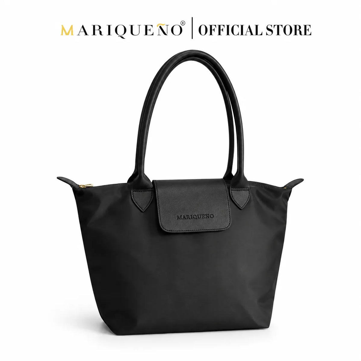 A black tote bag by Mariqueno, featuring dual top handles, a front flap with the brand name debossed, and gold-tone zipper pulls, shown on a white background with 'MARIQUENO | OFFICIAL STORE' text at the top.
#color_triple black