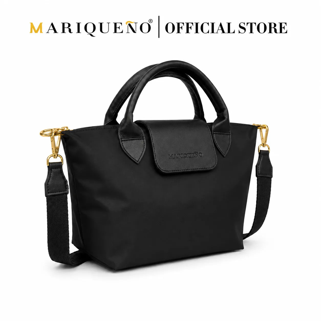 Black handbag with shoulder strap on a white background, featuring the Mariqueno brand.
#color_black