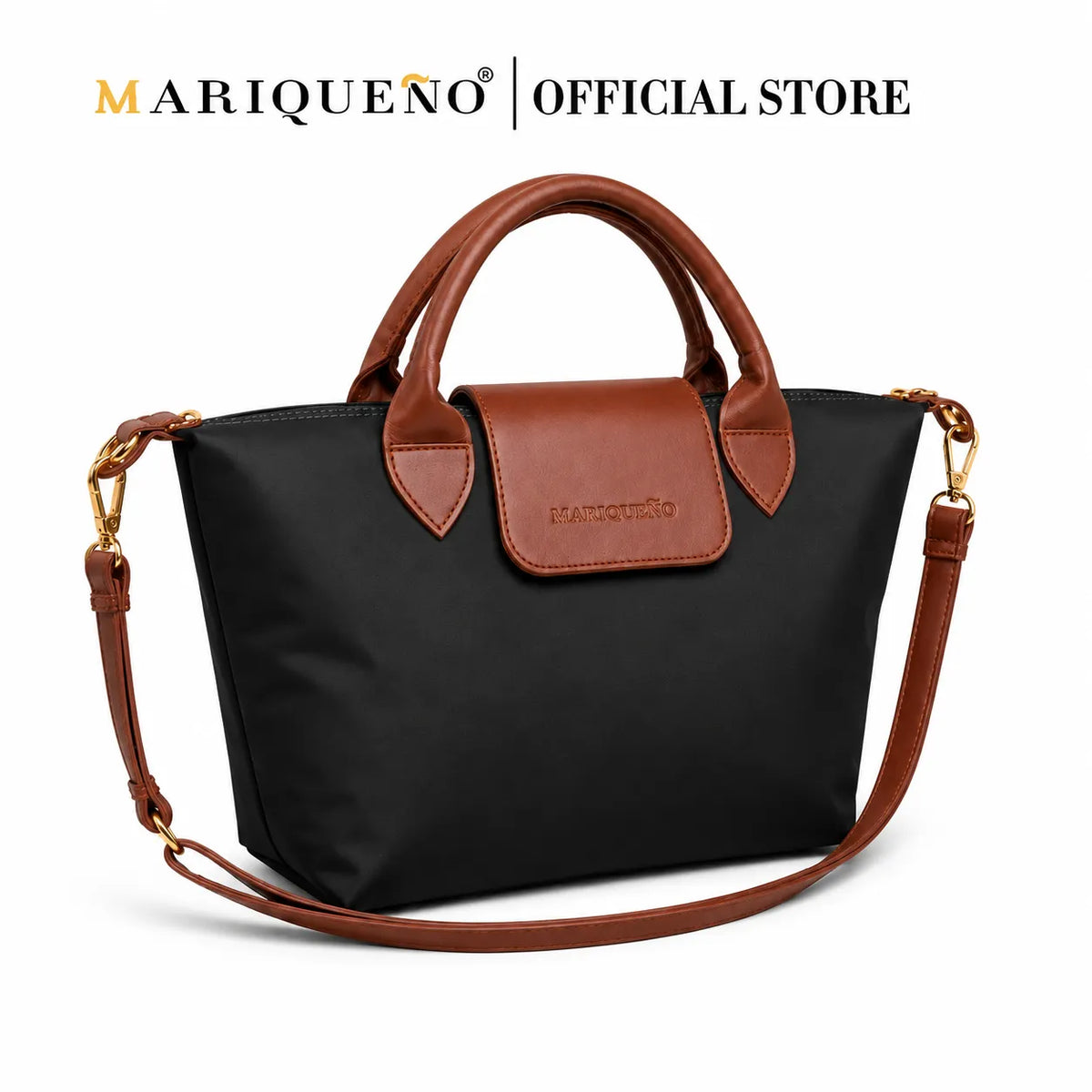 A black nylon tote bag with brown leather handles, trim, and a detachable shoulder strap, shown on a white background with the text 'MARIQUEÑO | OFFICIAL STORE' at the top.
#color_black and choco