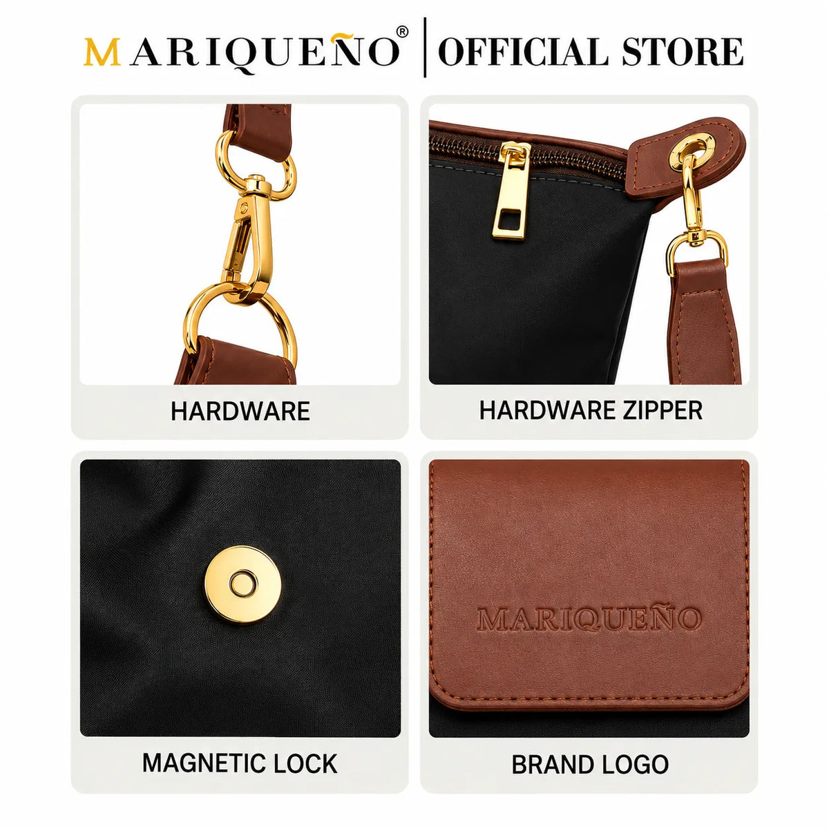 Four-panel product detail graphic for a MARIQUEÑO bag, showing close-ups of brown leather and black fabric with gold-tone hardware: hardware attachment, hardware zipper, magnetic lock, and embossed brand logo.
#color_black and choco