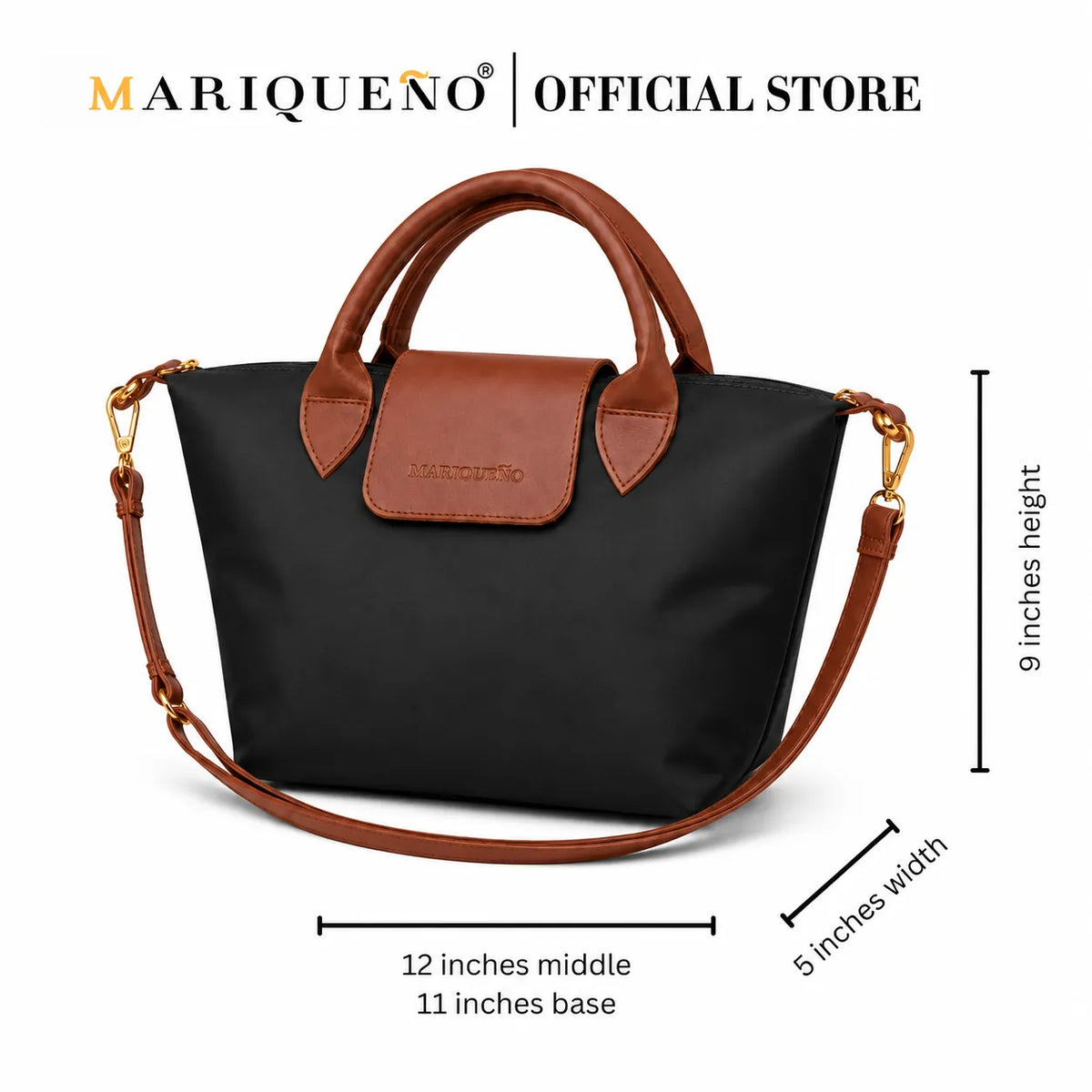 A black and brown handbag with a top handle, shoulder strap, and gold-tone hardware, shown on a white background with dimension lines and text indicating measurements. The brand name 'MARIQUEENO | OFFICIAL STORE' appears at the top.
#color_black and choco