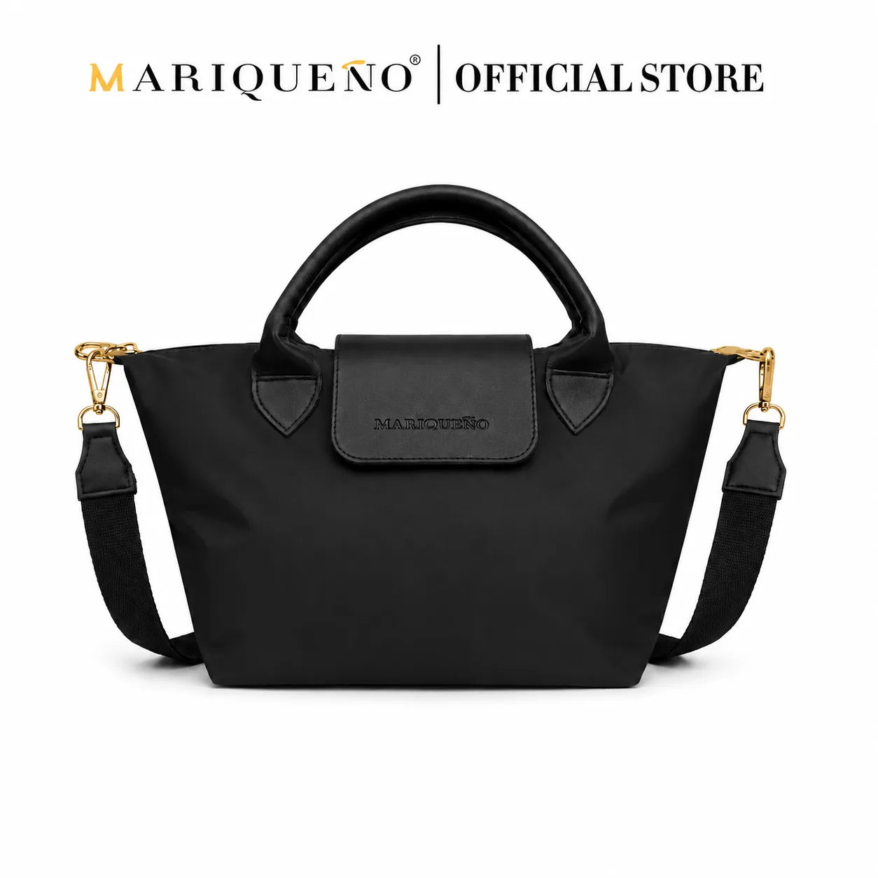 Black handbag with shoulder strap on a white background, featuring the Mariqueno brand.
#color_black