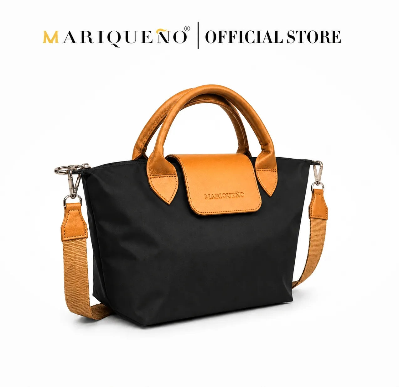 Black handbag with orange accents and a visible brand logo on a white background
#color_black and tan