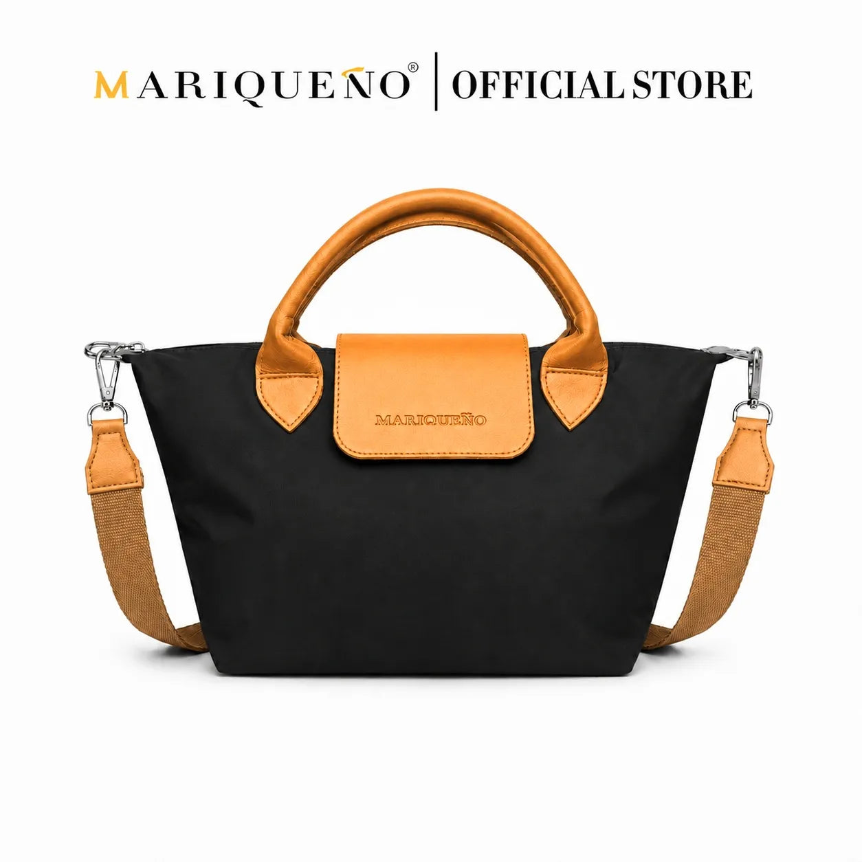 Black handbag with orange accents and shoulder strap on a white background, featuring the Mariqueno brand.
#color_black and tan