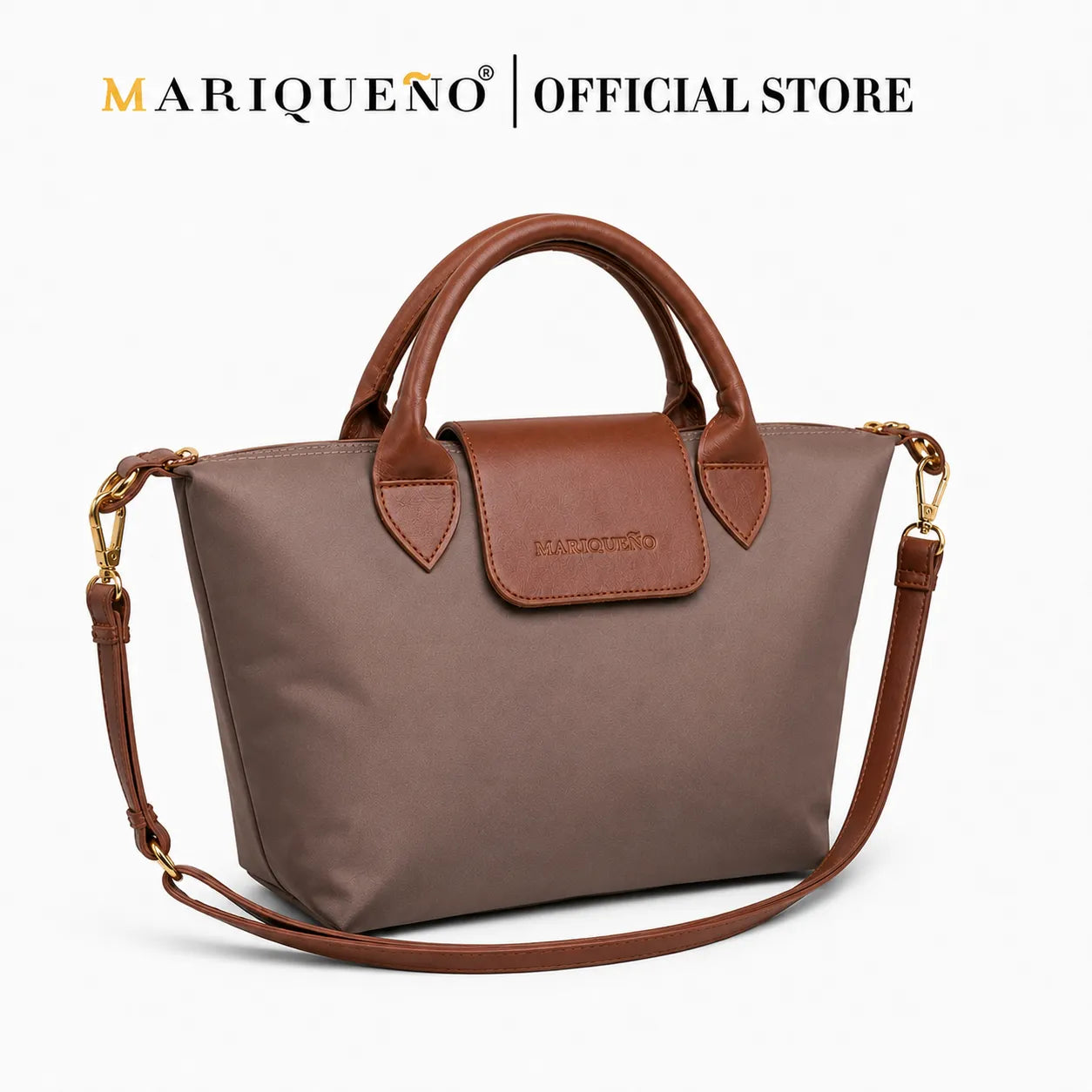 Brown handbag with shoulder strap on a white background, featuring the Mariqueño brand.
#color_choco brown