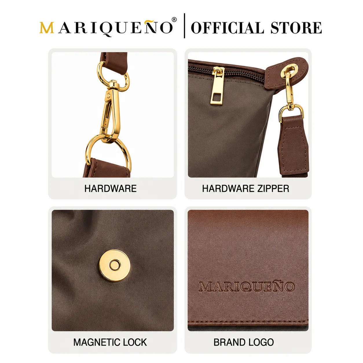 Product features of a bag with hardware, zipper, magnetic lock, and brand logo displayed on a white background.
#color_choco brown