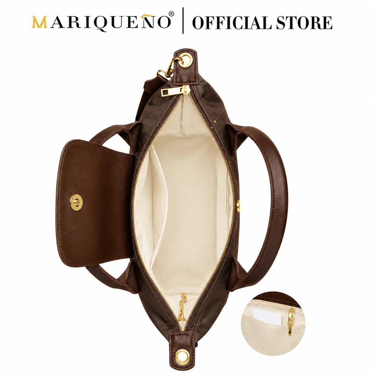 Brown leather bag with open front pocket on a white background, featuring Mariqueno brand.
#color_choco brown
