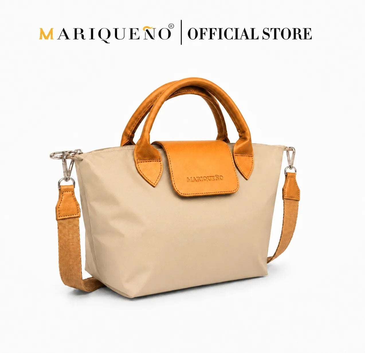 Beige handbag with brown accents and 'Mariqueno' branding on a white background
#color_taupe