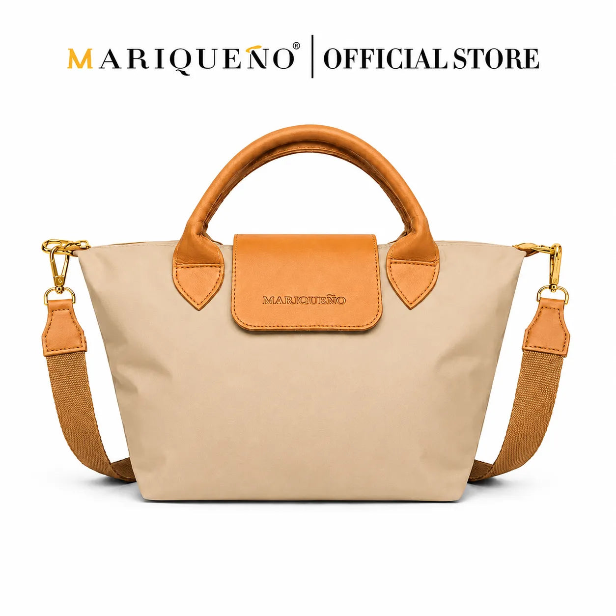 Beige handbag with brown accents and 'Mariquénó' branding on a white background
#color_taupe
