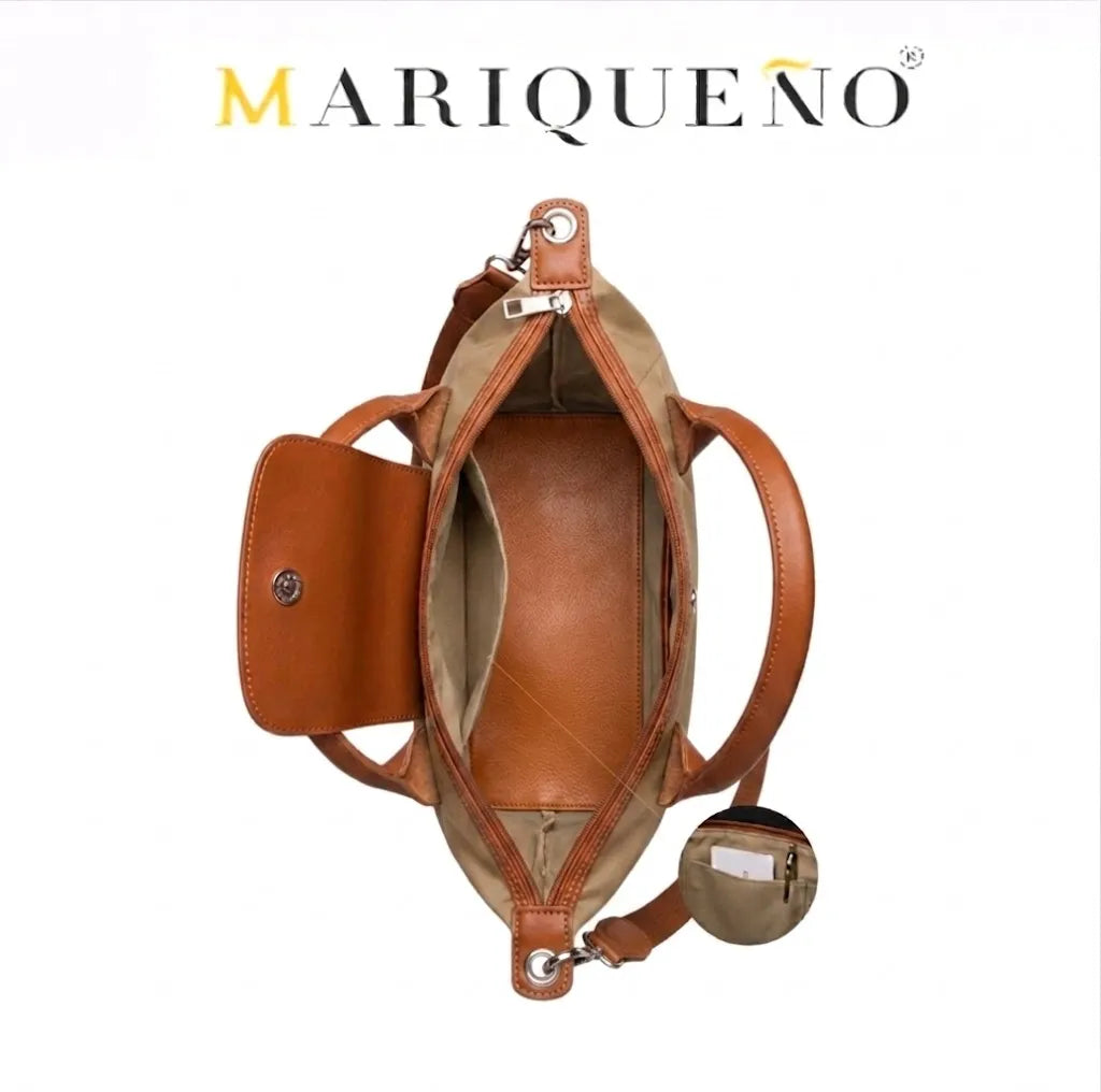 Brown leather handbag with beige interior, Mariqueno brand visible
#color_taupe