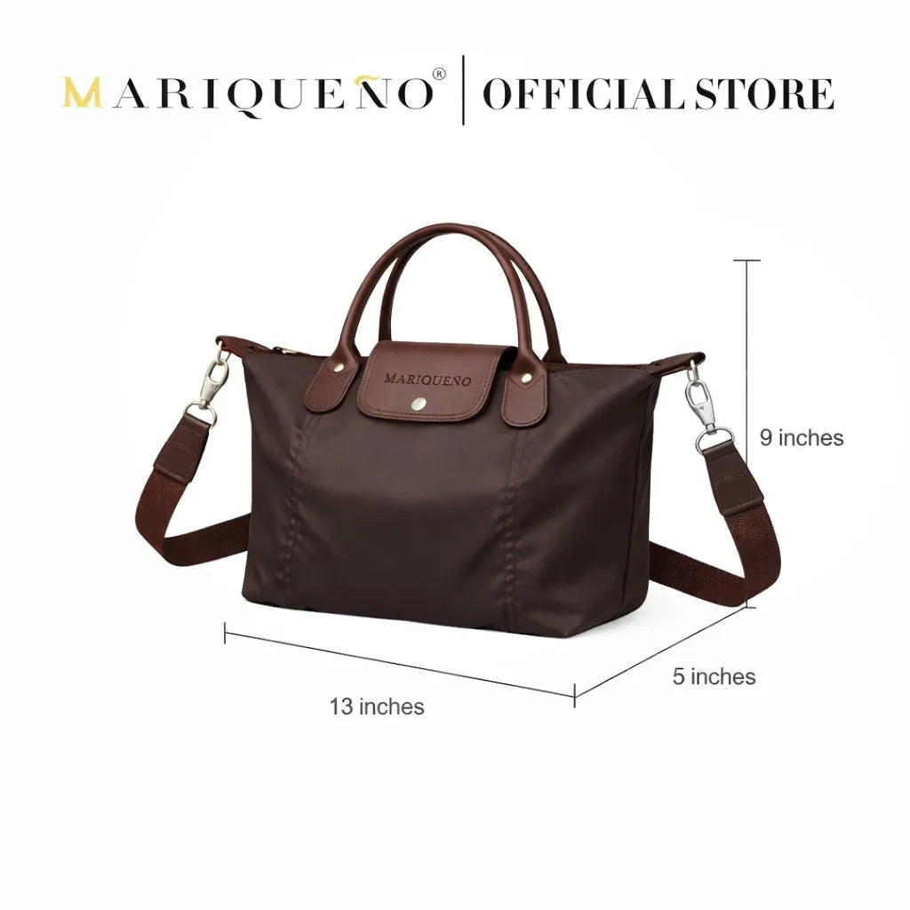 Brown handbag with measurements and 'Mariqueno' branding on a white background
#color_choco brown