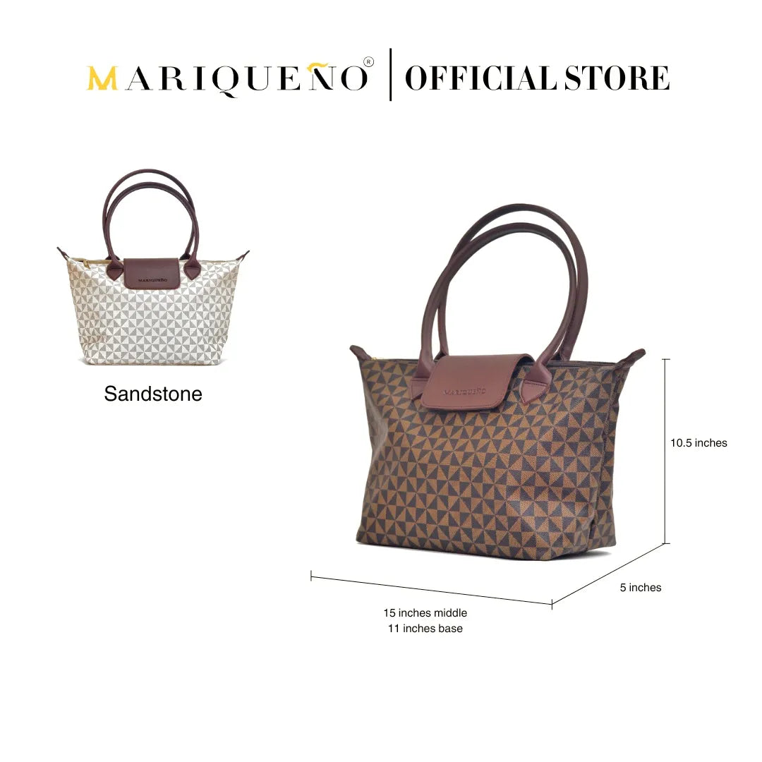 Two handbags with patterns and measurements, branded as Mariqueño, on a white background.
#color_choco brown geo