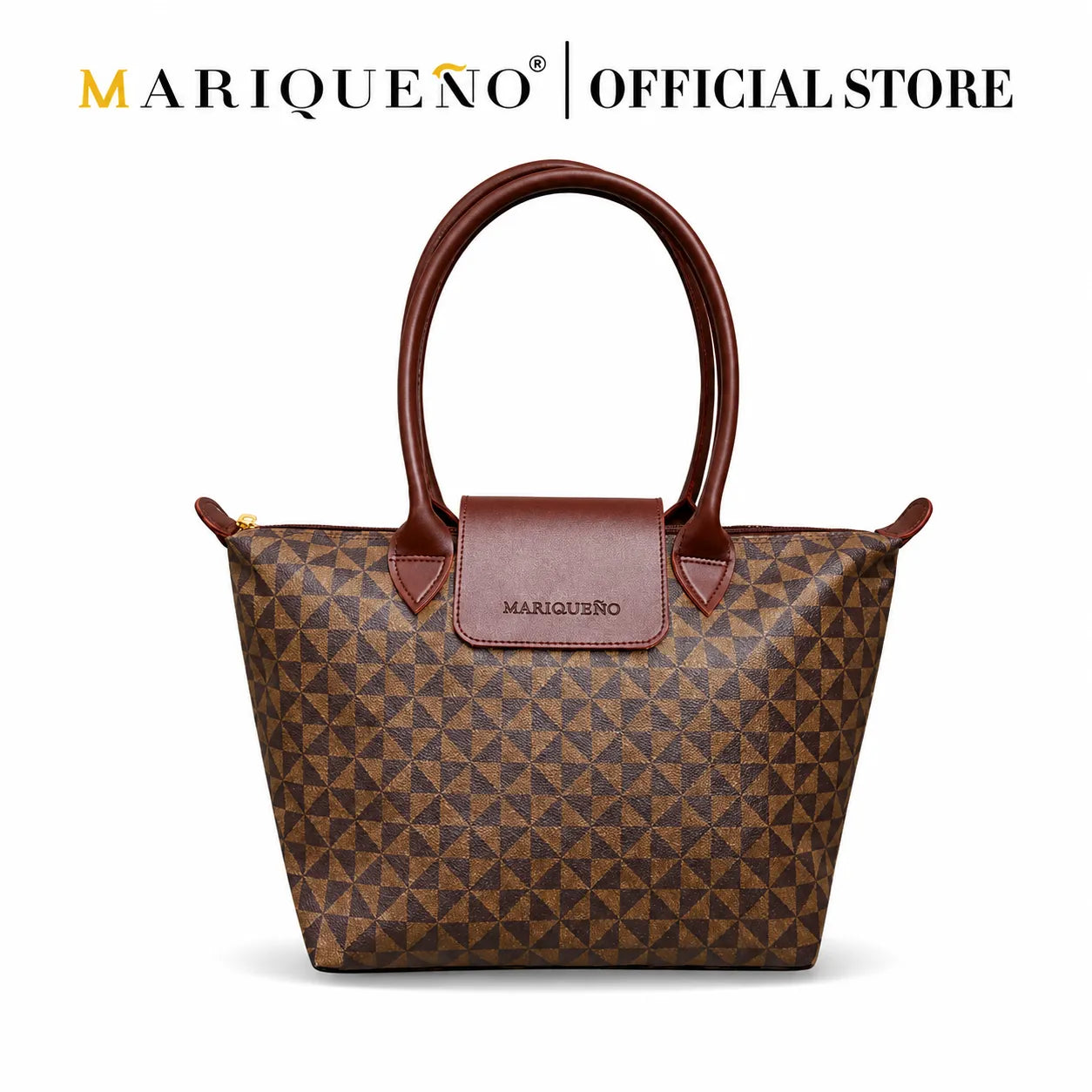 Brown patterned handbag with brown handle on a white background, featuring the Mariqueno brand.
#color_choco brown geo