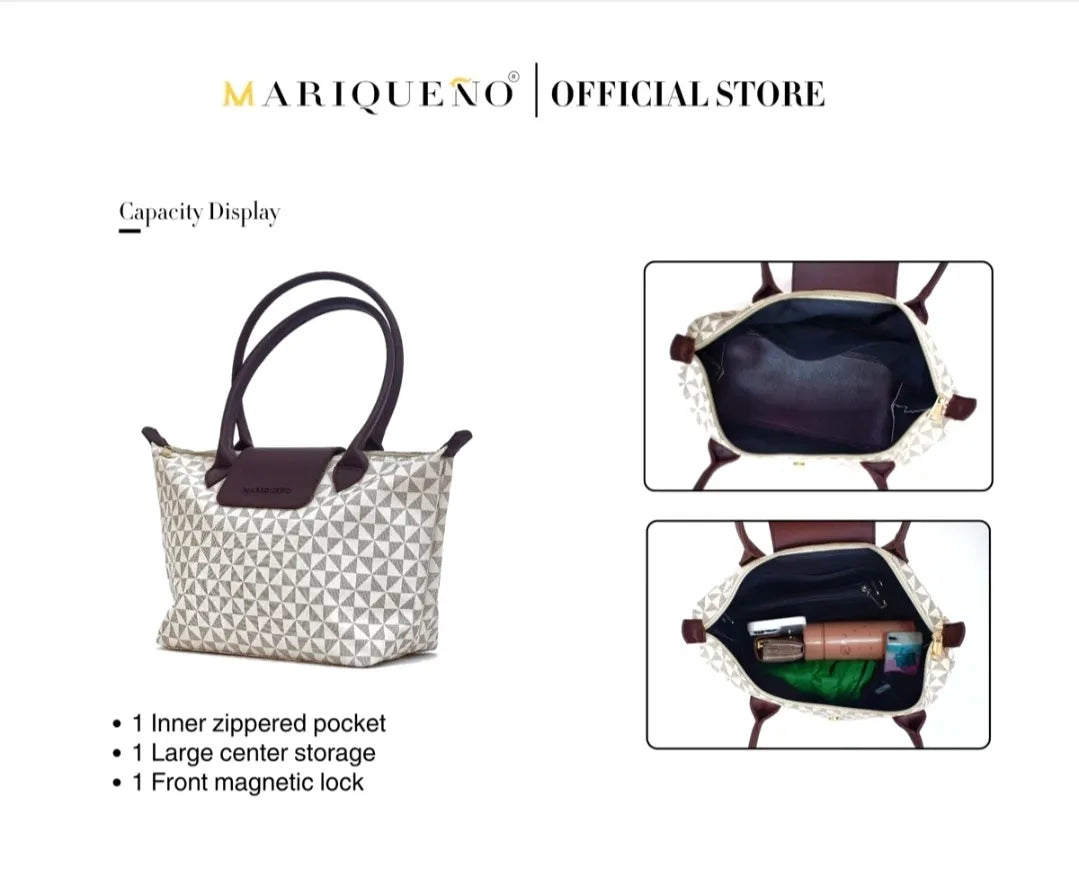 Handbag with features highlighted, including an inner zippered pocket, large center storage, and front magnetic lock, on a white background.
#color_sandstone geo