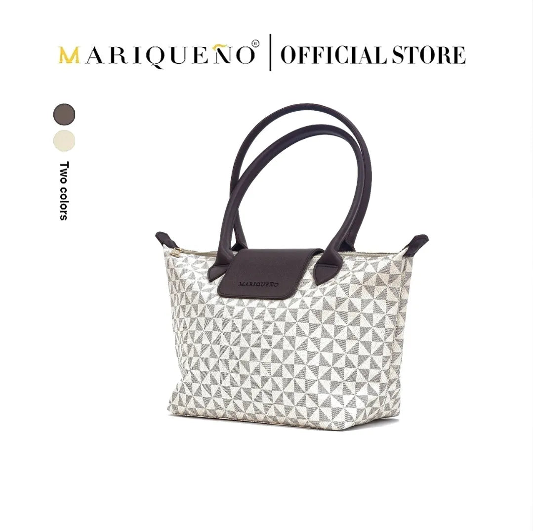 Marqueano handbag with geometric pattern and black handles on a white background
#color_sandstone geo