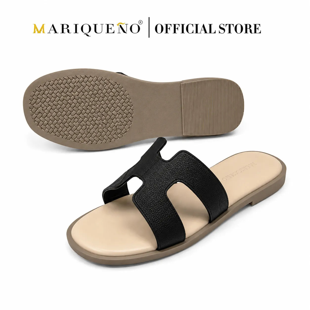 Black double-strap slide sandals with a tan sole, shown from the side and the bottom sole view on a white background with 'MARIQUEÑO | OFFICIAL STORE' text at the top.
#color_black